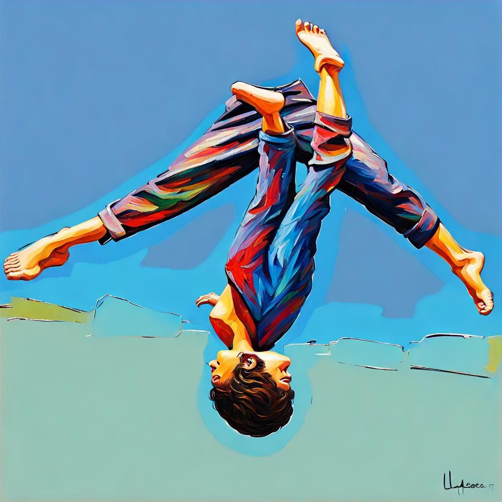 acrobat doing a backflip, neo-impressionism expressionist style oil painting, smooth post-impressionist impasto acrylic ...