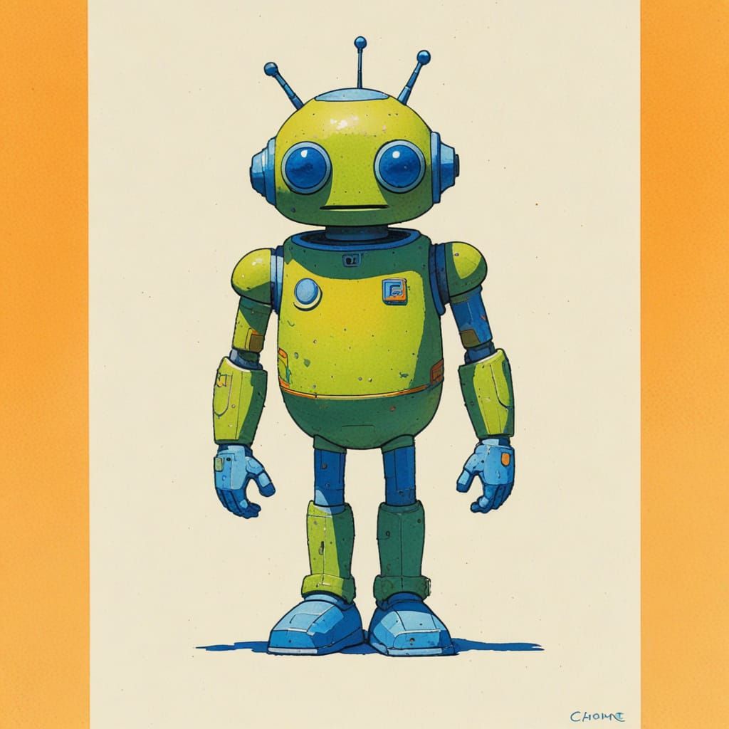 Cute Android on Spaceship in Pastel Retro Comic Style