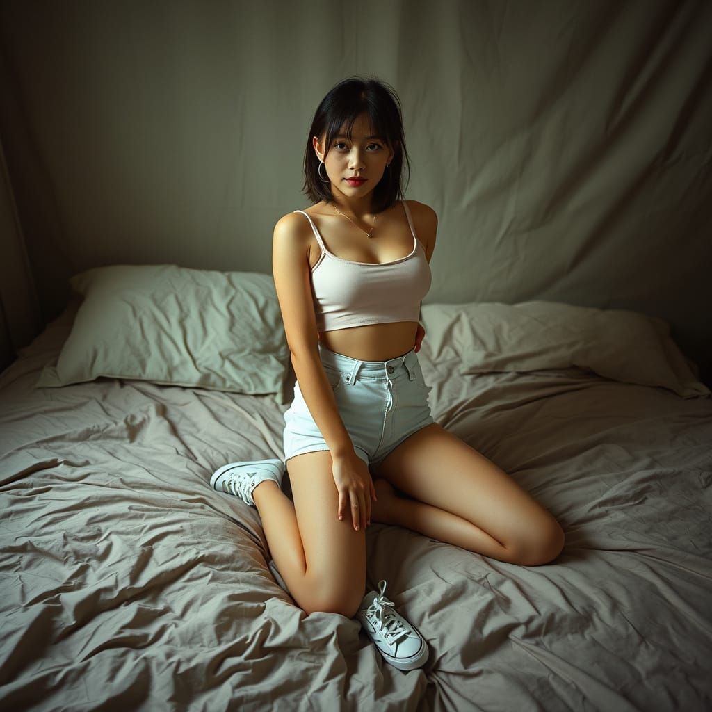 Japanese Woman on Bed in Photorealistic Style