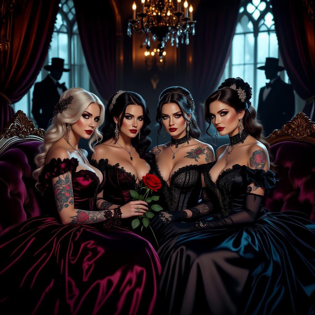 Glamorous Ageless Women in a Gothic Mansion