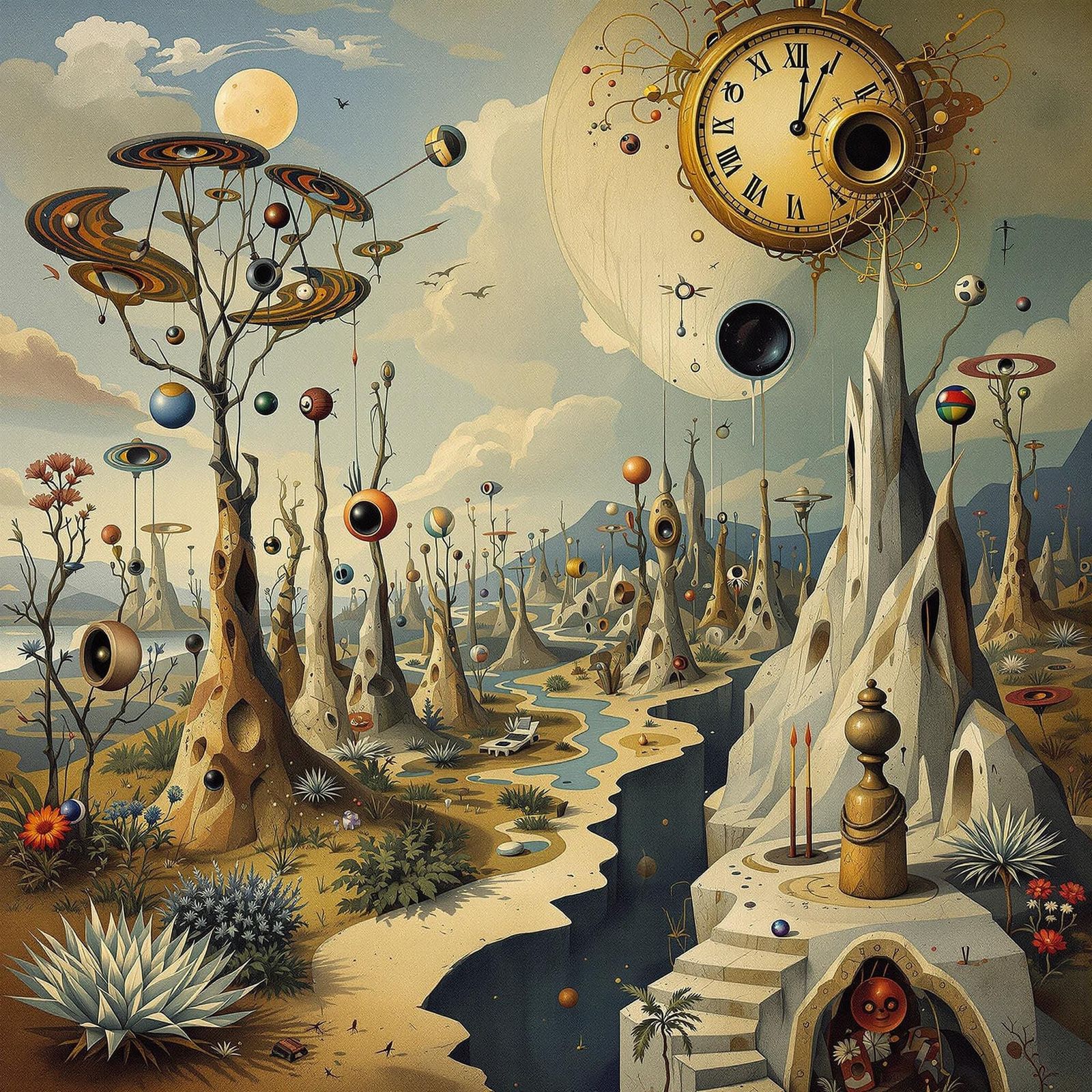 Surreal Landscape with Melting Clocks in Surrealist Style