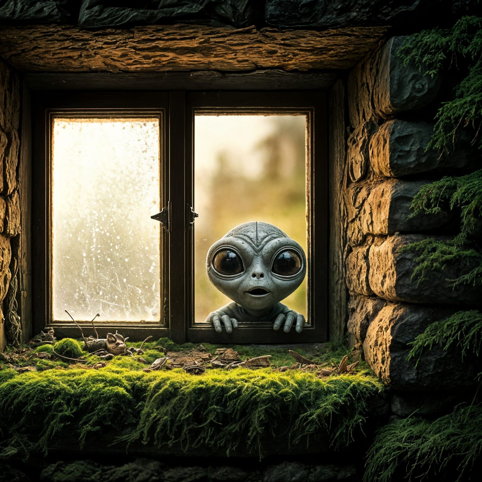 Grey Alien Peers Through Cottage Window
