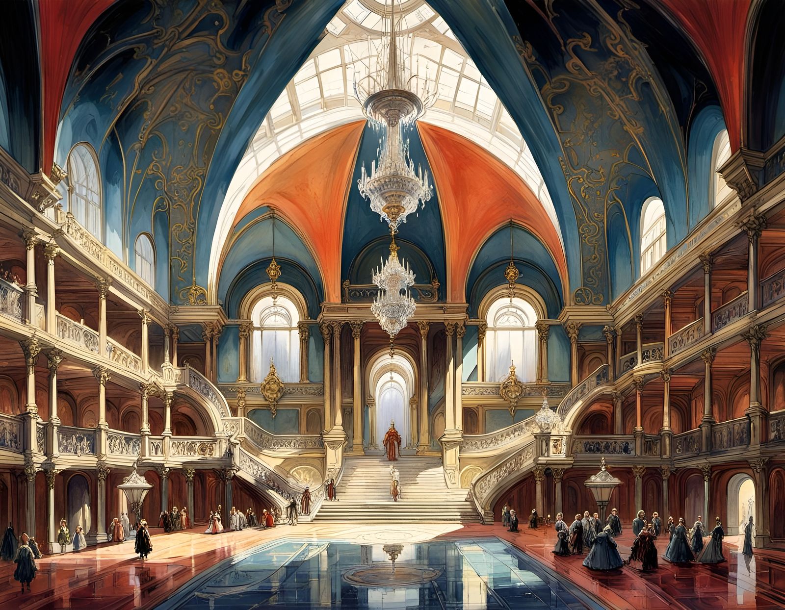 French Palace Hall Interior in Watercolor Style