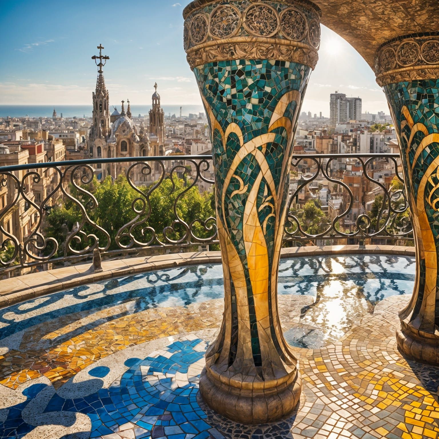Art Nouveau Columns in a Park with Panoramic Views of Barcel...