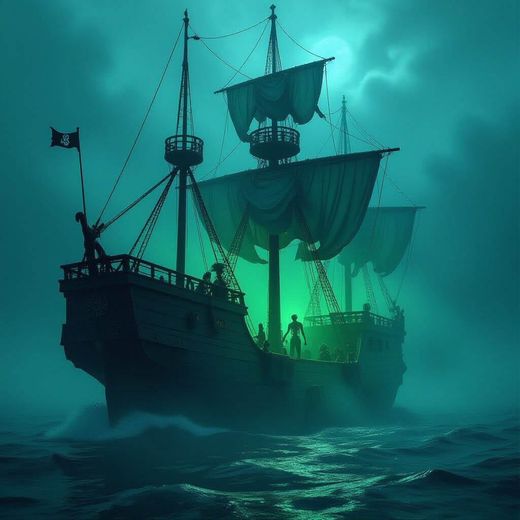 Ghostly Pirate Ship in Foggy Night, Dark Fantasy Style
