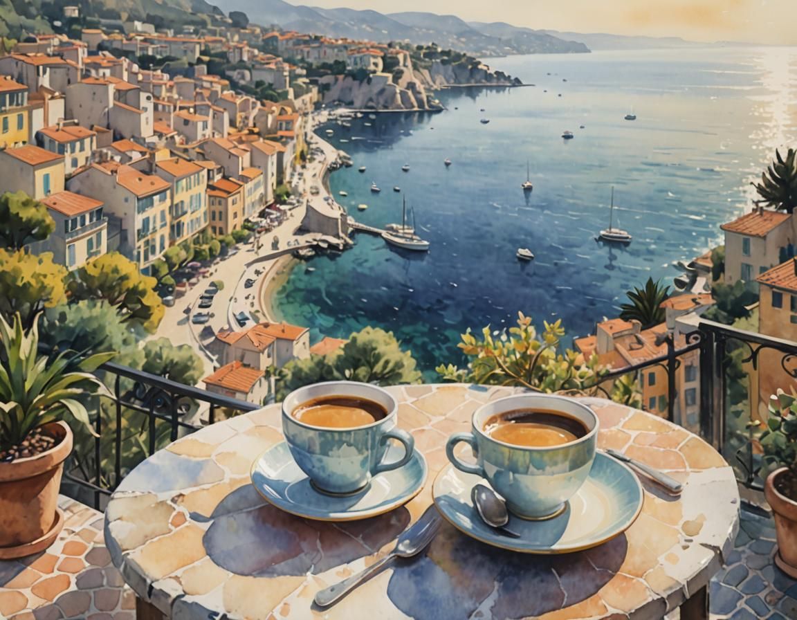 French Riviera Coffee: Vibrant Concept Art