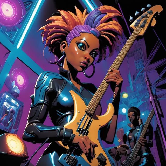 Cyber-Rock Band Leader in Comic Book Art Style