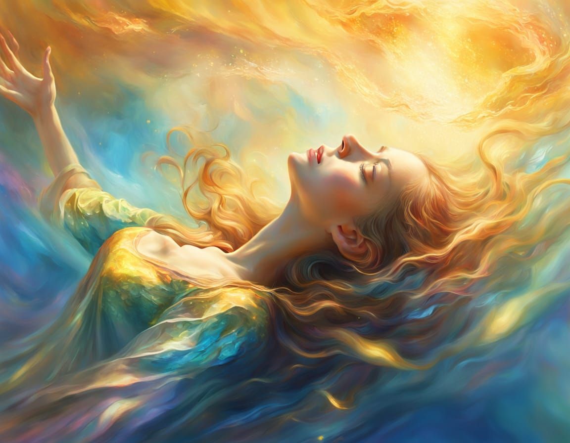 Ethereal Person Floating in Golden Light, Surreal Oil Painti...