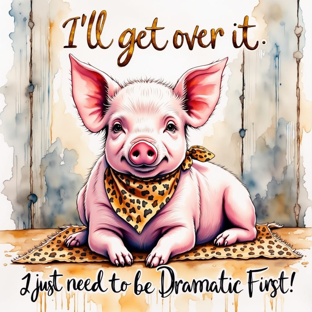 Quirky Pink Pig in Whimsical Watercolor Style