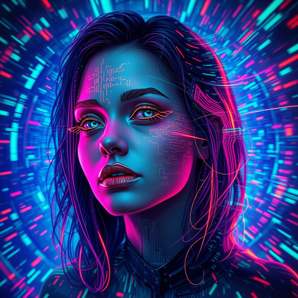 Cyberpunk Heroine Datamoshing Portrait in Neon Lights