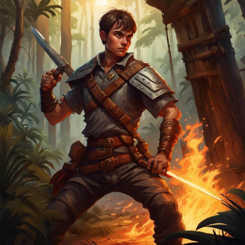 Fantasy Soldier with Lance in Jungle, Digital Art