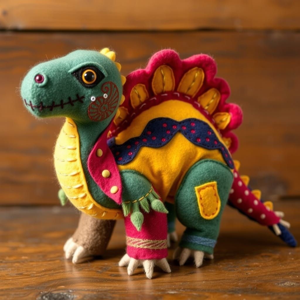 Vibrant Felt Dinosaur in Folk-Art Style
