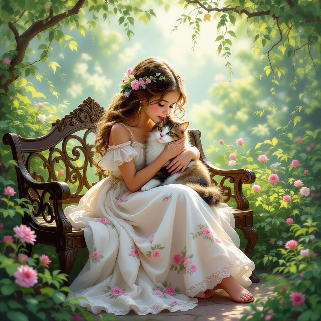 Floral Girl with Cat on Ornate Bench in Golden Light