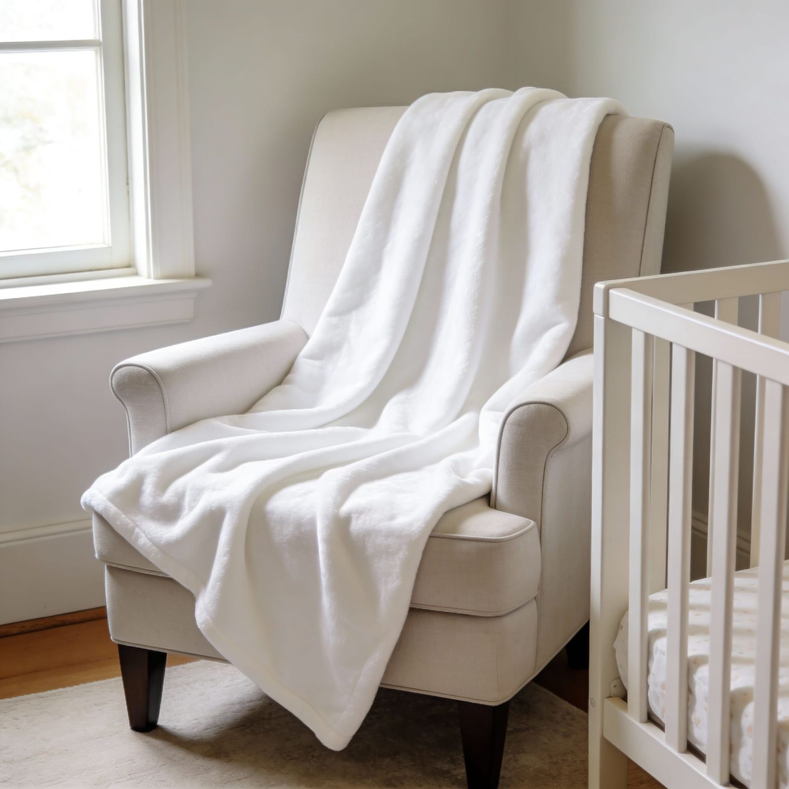 Cozy Nursery Chair with White Throw Blanket and Crib