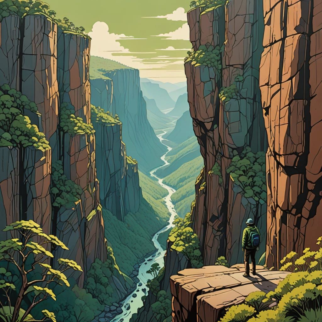 Man at Tasmanian Canyon Edge in Moebius-Inspired Style