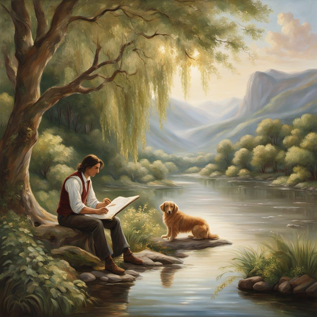 Romantic Realism Painting of Artist by River
