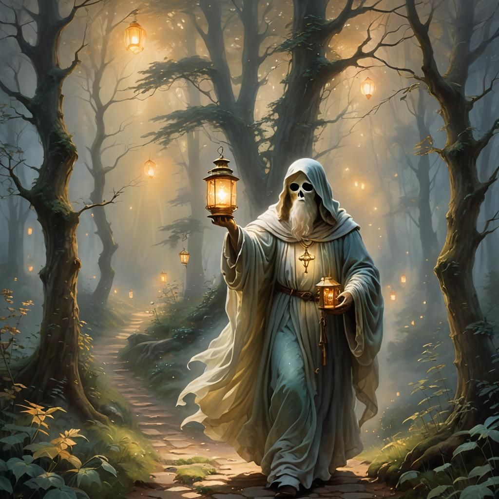 Ghost Lantern in Misty Forest, Mystical Realism