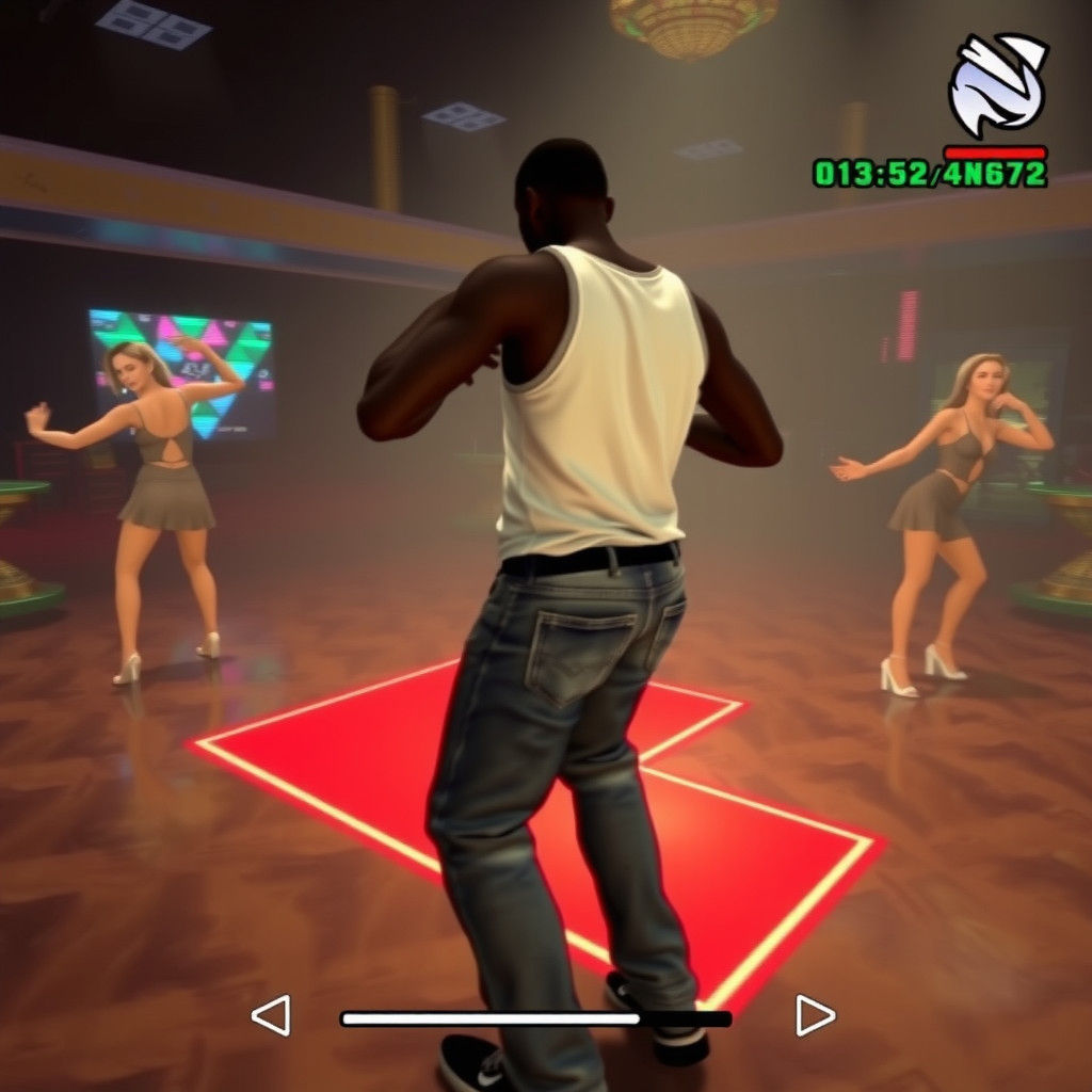 CJ (black guy wearing white tanktop and blue jeans, seen from low angle) dancing in a night club in Los Santos, GTA San ...
