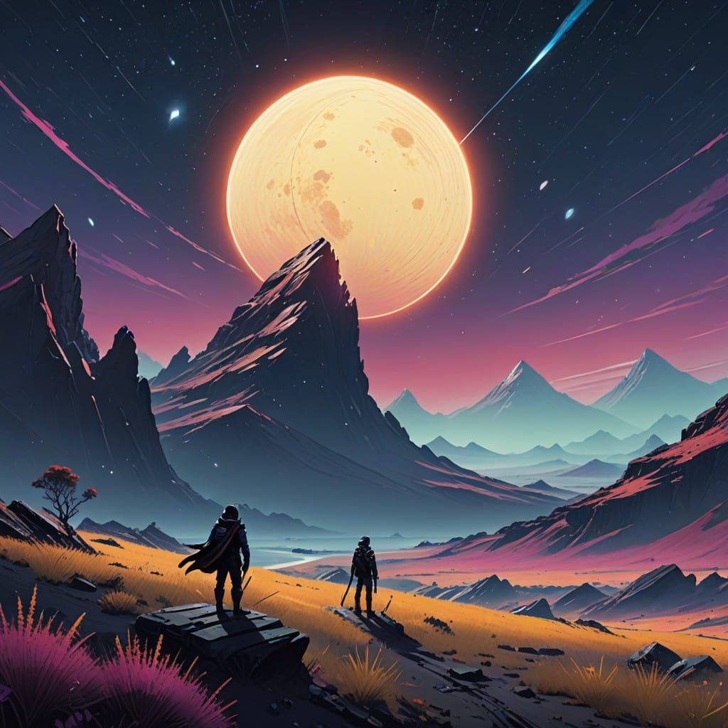 Ethereal Figure Illuminated by Crescent Moonlight in Starry...