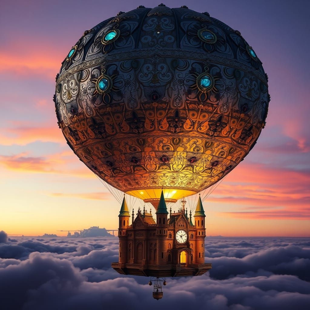 Steampunk Hot Air Balloon Castle in Golden Dusk