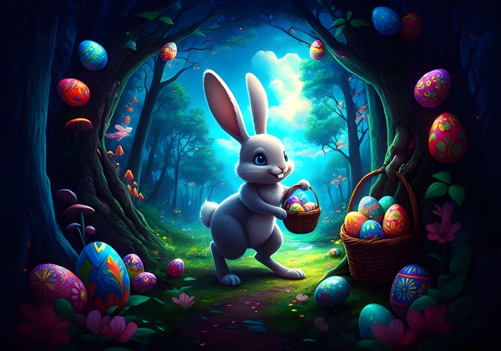 Ethereal Easter Bunny in Vibrant Holographic Landscape