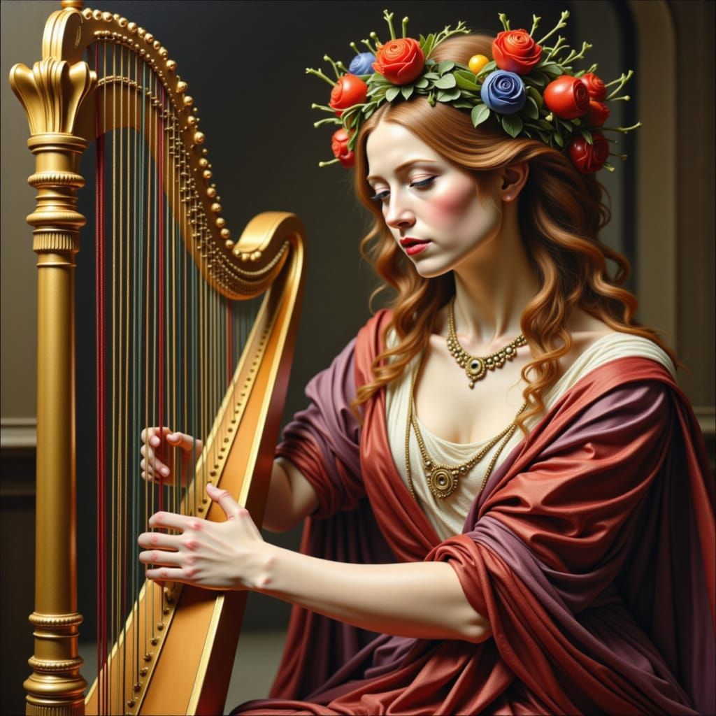 Elegant Woman with Crown Playing Harp