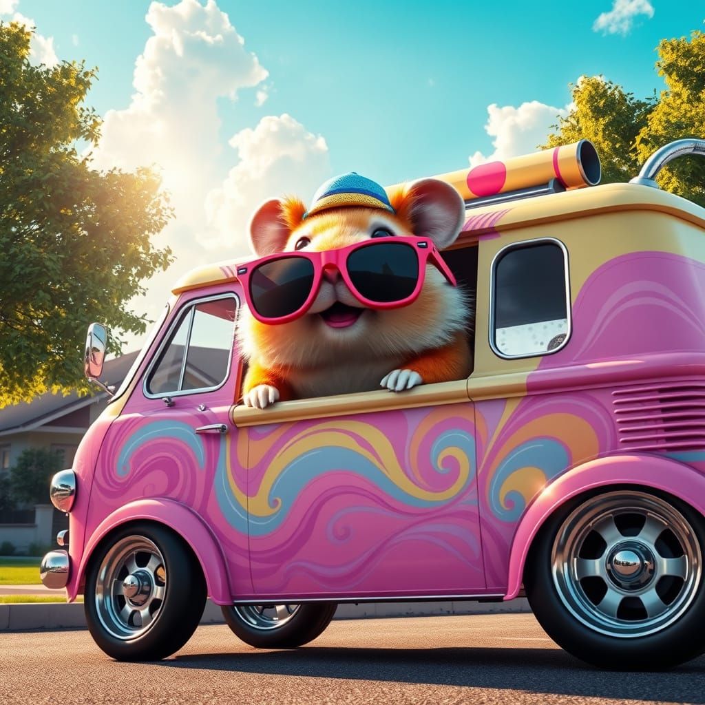 Gigantic Hamster Cruises in Retro Ice Cream Van