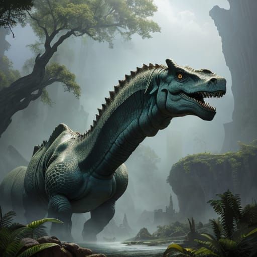 Carnotaurus Head on Brachiosaurus Body in Ancient Ruins