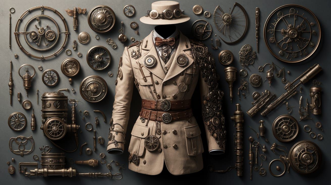 Steampunk Costumes and Props in Intricate Knolling Layout
