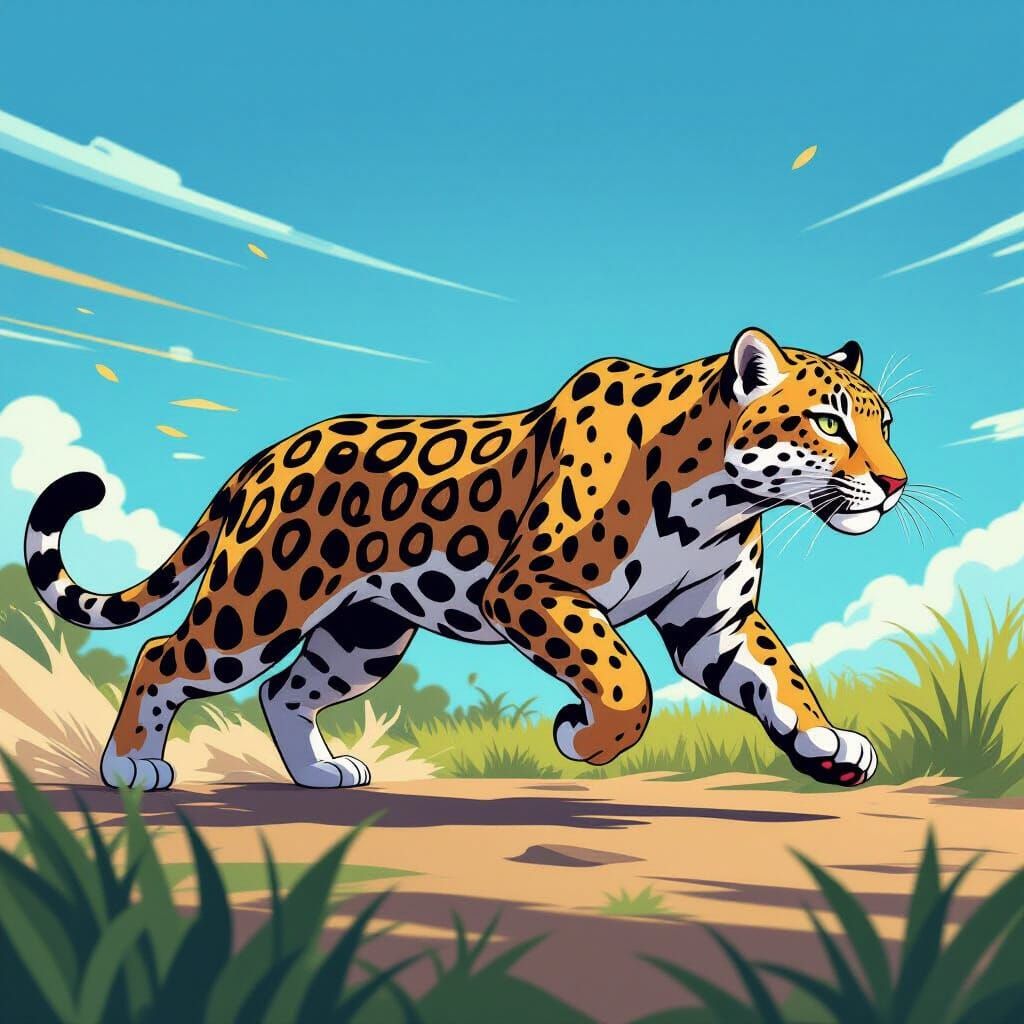 Anime Style Leopard Running in Vibrant Colors
