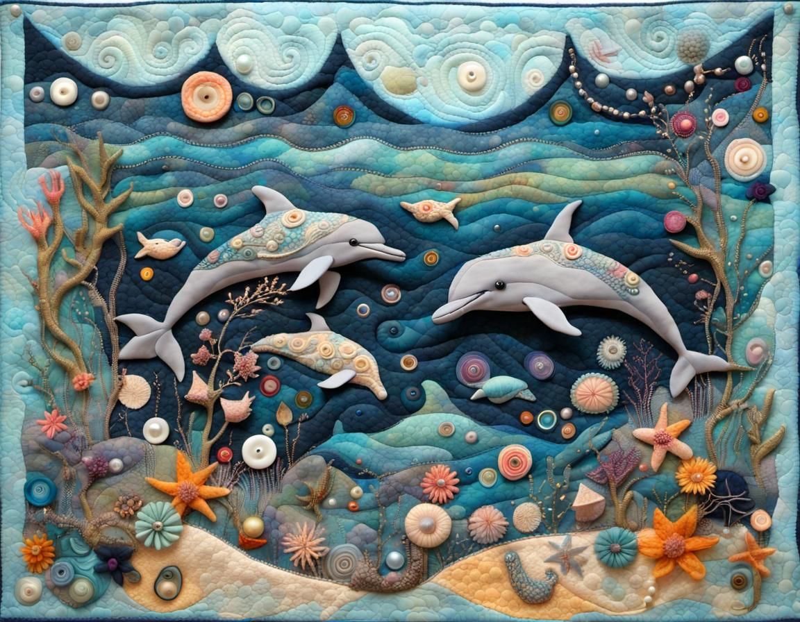 Magical Dolphinscape Quilt in Mixed Media Style