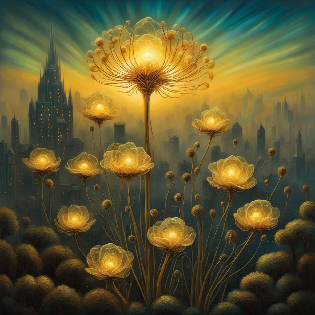 Ethereal Glass Flowers in Dystopian Cityscape