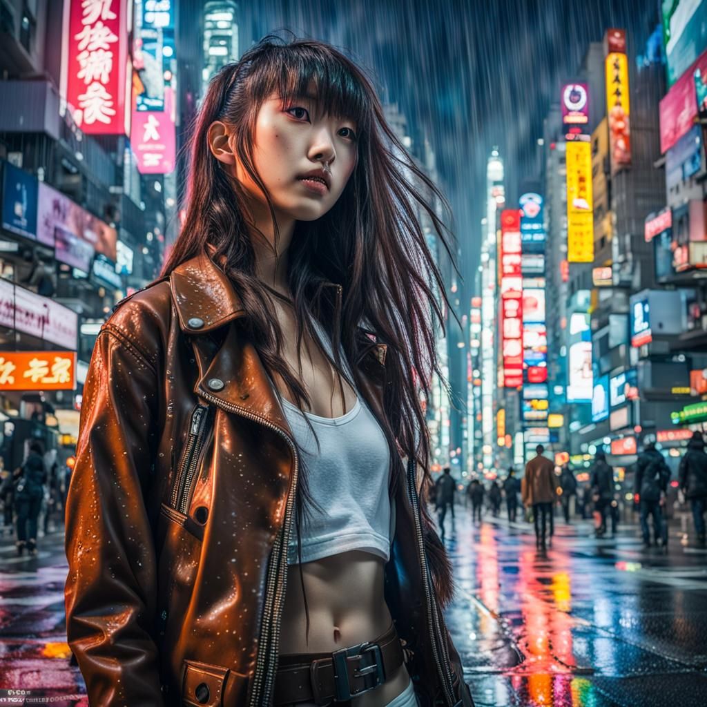 Cyberpunk Bosozoku Girl in Rainy Neo-Tokyo