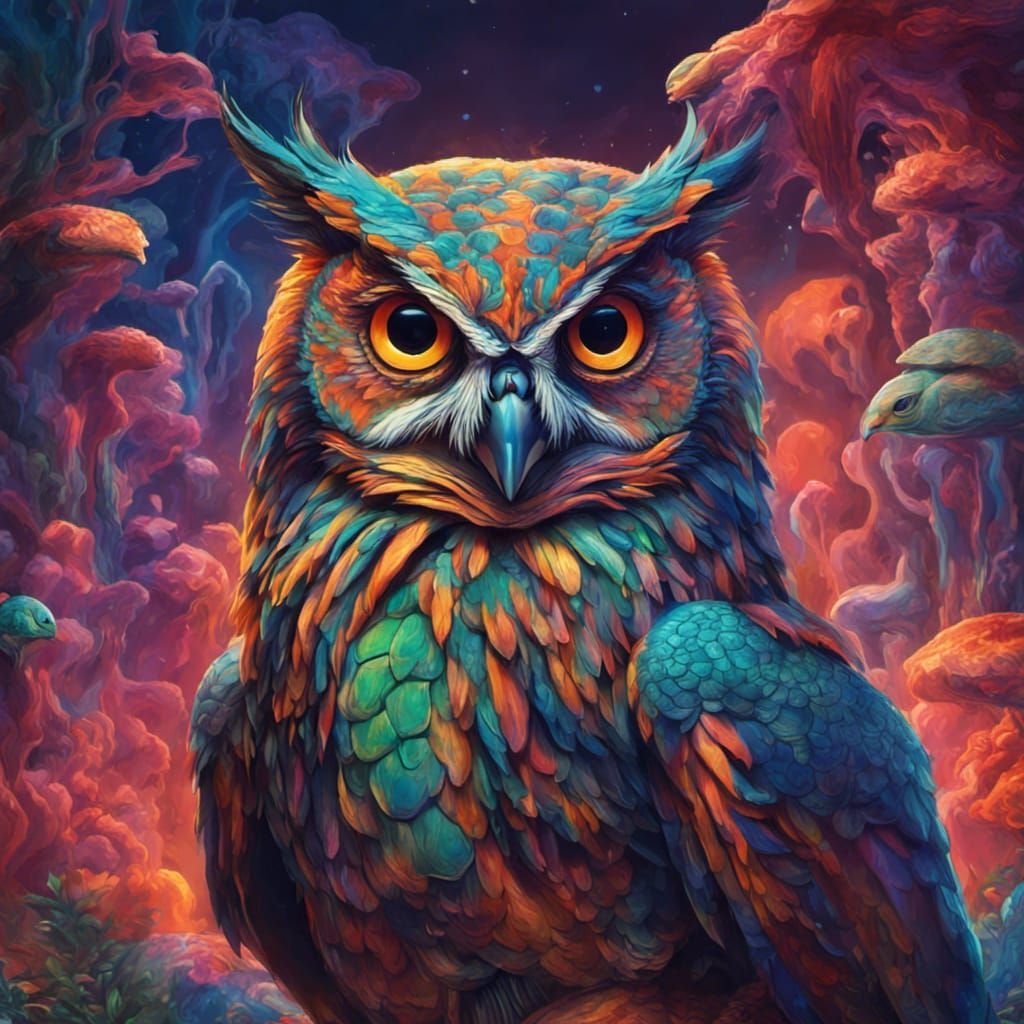 Psychedelic Owl-Turtle Hybrid Portrait in Detailed Matte Sty...