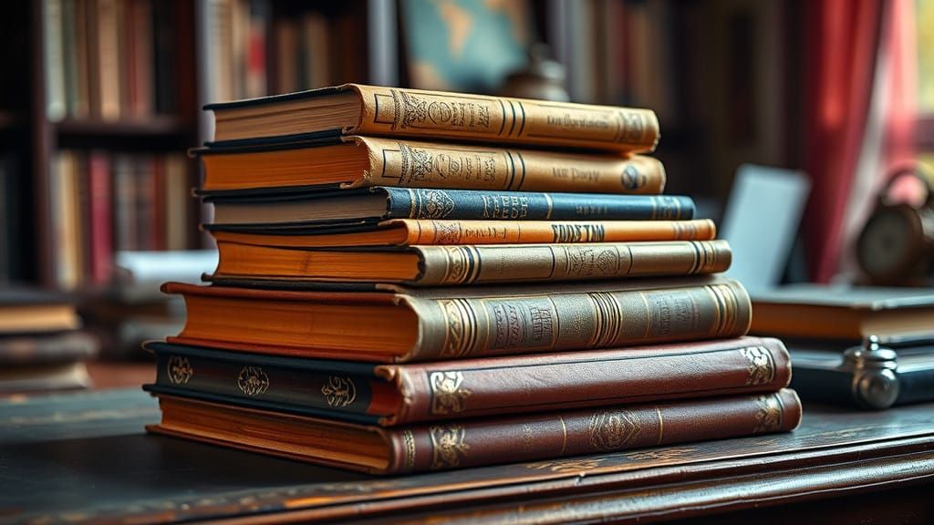 Old books stacked on an old desk.