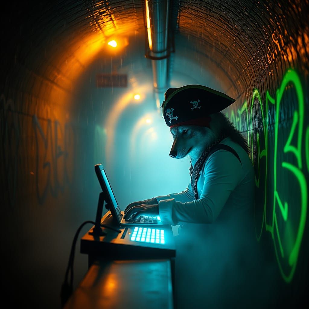 A lone Pirate wolf hacker sits hunched over a glowing console in a hidden subway tunnel
