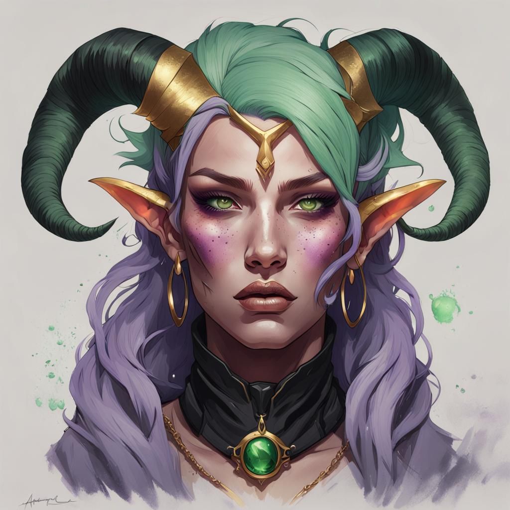Tiefling Portrait in Green and Lavender, Detailed Concept Ar...