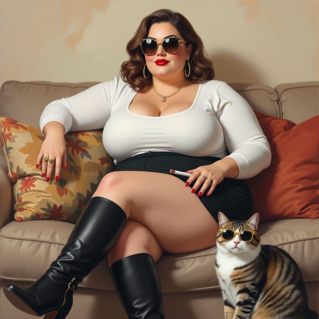 Curvy Woman with Cat at Party, Realistic Style