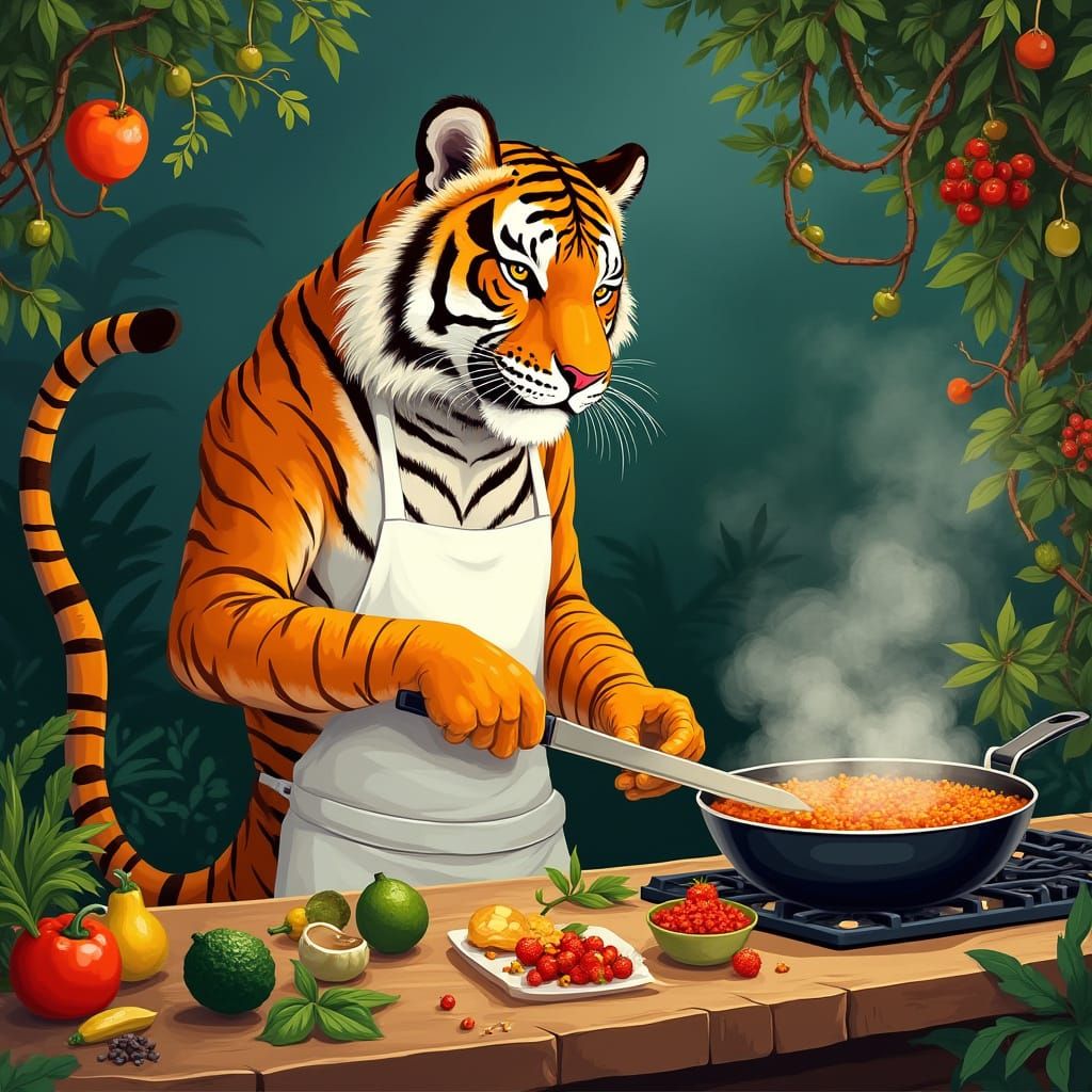 Tiger Chef Prepares Exotic Jungle Feast in Whimsical Kitchen