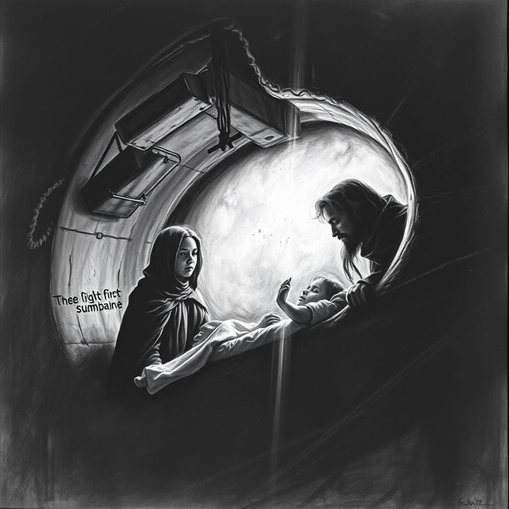 Holy Family's Submarine Escape in Charcoal Drawing