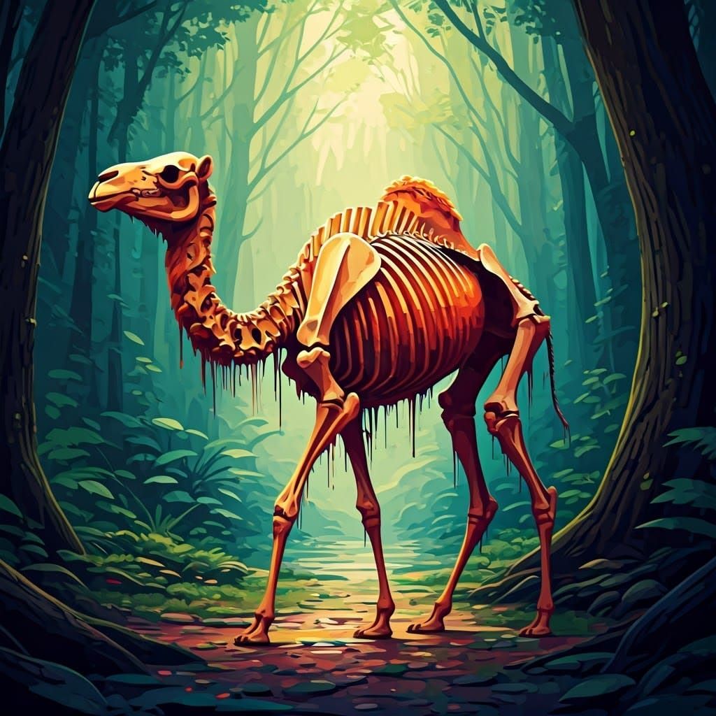 Camel Skeleton Walks Through Forest in Graffiti Art Style