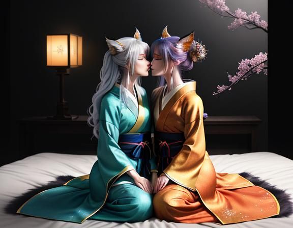 Kitsune Twins Kissing: A Manga Digital Painting
