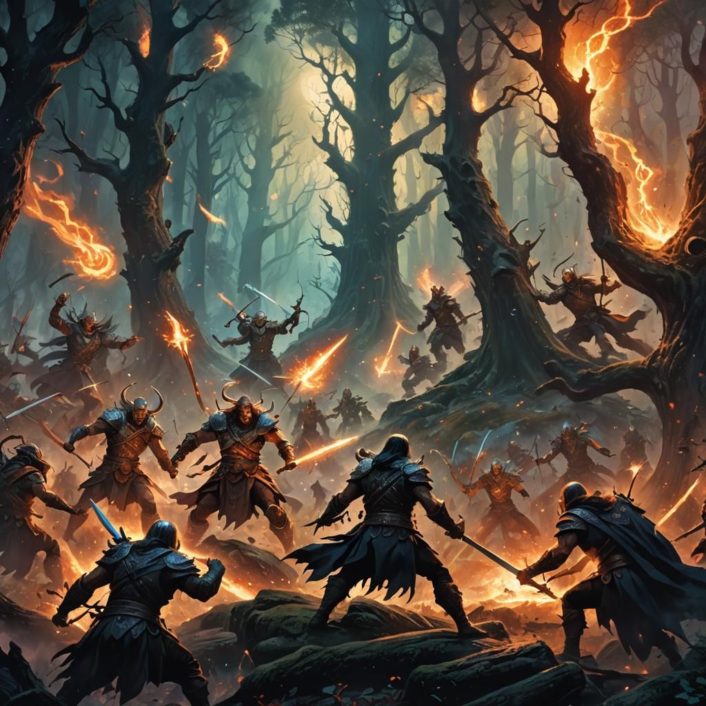 Magical Warfare in Mystical Forest, Fantasy Art