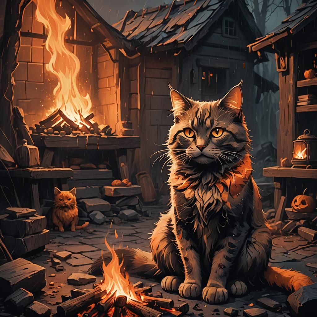 Spooky Horror Cat in Haunted House Concept Art