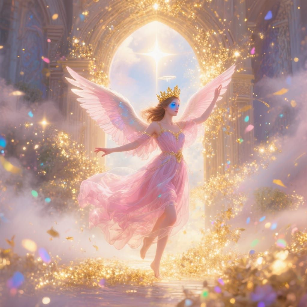 Angel Dancing in Heaven's Gate with Golden Light
