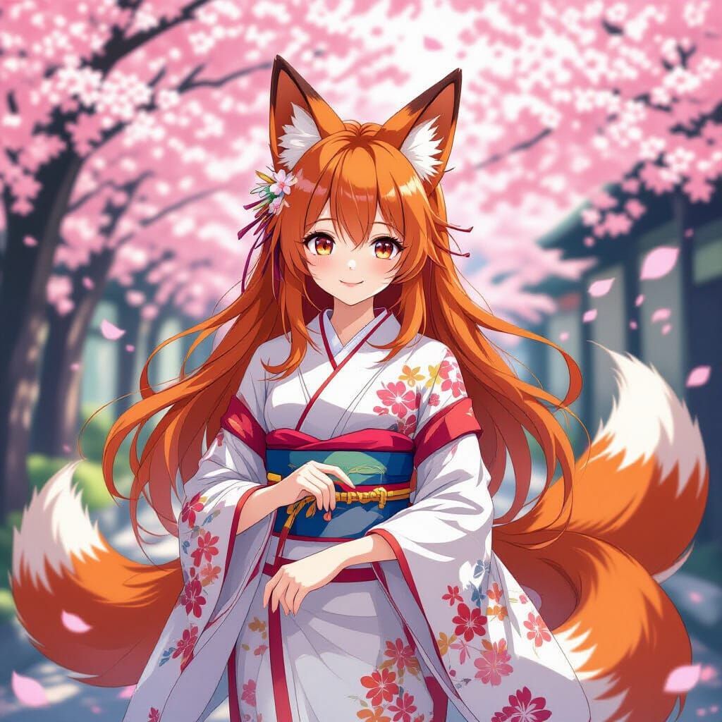 Nine Tailed Fox Girl Among Cherry Blossoms in Anime Style