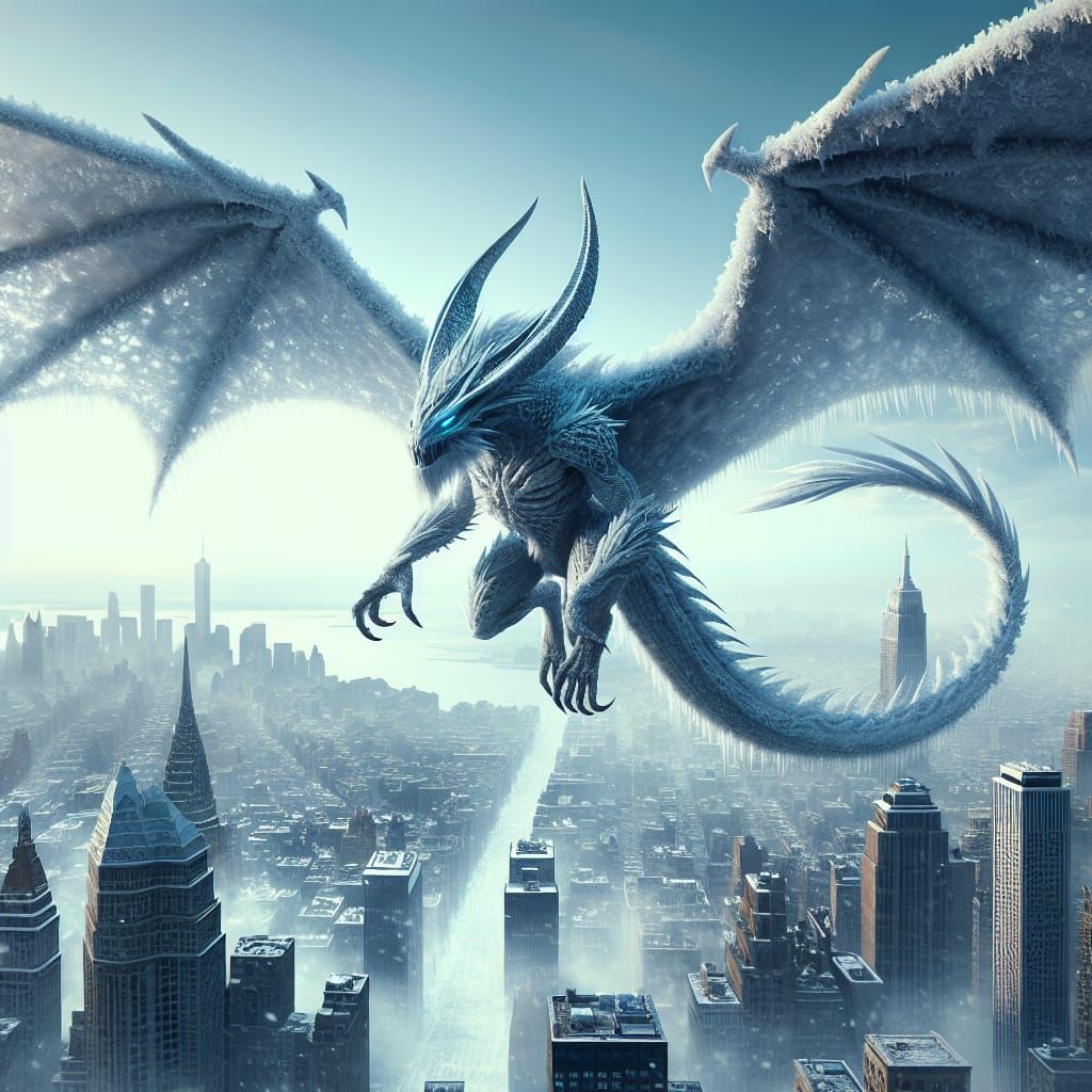 Sci-Fi Frost Bat Creature Over Icy City