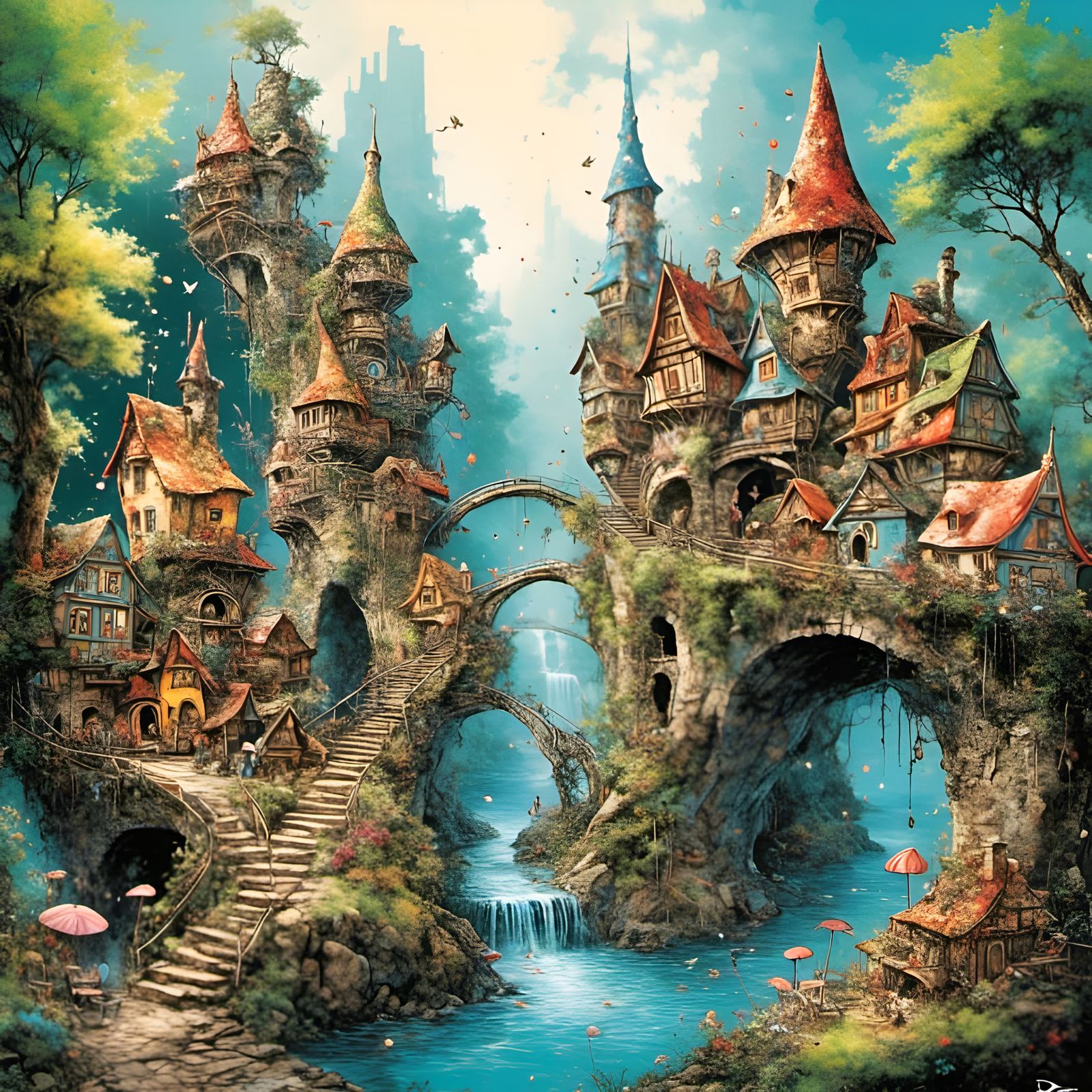 Whimsical Fairy Town in Splatter Graffiti Style