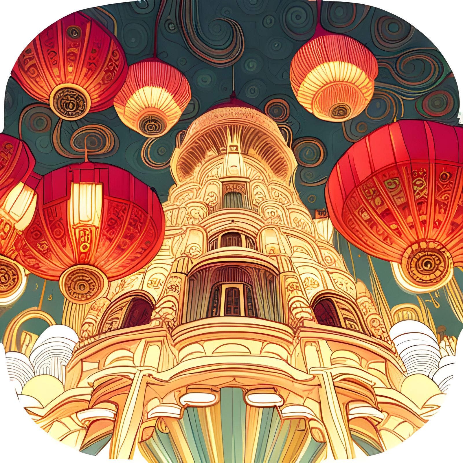 Colorful Chinese Temple with Golden Outlines