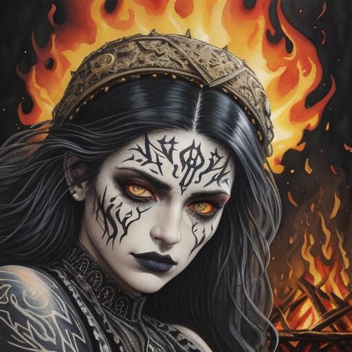 Gothic Graffiti Woman by Campfire in Watercolor Gouache Styl...